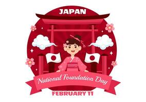 contento Japón nacional Fundación día vector ilustración en febrero 11 con famoso japonés puntos de referencia y bandera en plano niños dibujos animados antecedentes