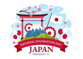 contento Japón nacional Fundación día vector ilustración en febrero 11 con famoso japonés puntos de referencia y bandera en plano niños dibujos animados antecedentes