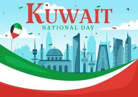 nacional Kuwait día vector ilustración en febrero 25 con punto de referencia, ondulación bandera y independencia celebracion en plano dibujos animados antecedentes