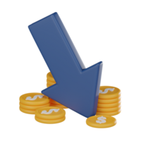 financeiro desafios e econômico flutuações, para baixo seta e dólar placa ícone. 3d renderizar. png