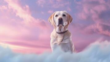 ai generativo Labrador perdiguero perro sentado en nube con rosado cielo antecedentes. foto