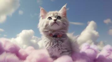 ai generativo linda gatito sentado en un nube en contra un azul cielo con nubes foto