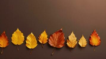 ai generative Autumn leaves on brown background, top view, copy space. photo