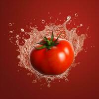 ai generative Tomato in water splash on a red background. 3d rendering photo