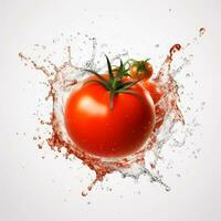 ai generative Tomato with water splash isolated on white background. 3d illustration photo