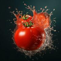 ai generative Tomato in water splash on dark background. 3d illustration. photo