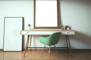 ai generative Interior of modern office with white walls, tiled floor, wooden computer table with green chair and horizontal mock up poster frame. 3d rendering photo