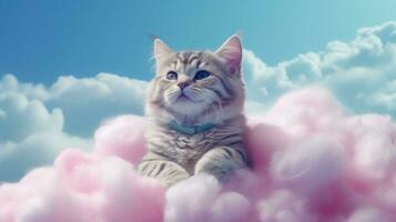 ai generative Cute tabby cat sitting on a cloud with blue sky background photo