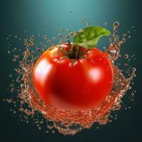 ai generative Tomato in water splash, isolated on green background. 3d illustration photo