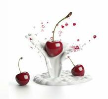 ai generative cherry in water splash isolated on white background. 3d illustration photo