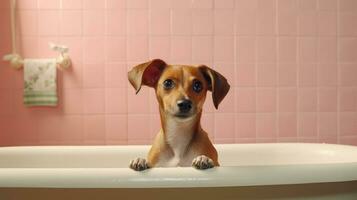 ai generative Cute little dog taking a bath in the bathroom at home with pink background photo