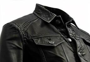 ai generative Black leather jacket isolated on a white background. Close-up. photo