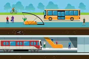 masa transporte en el ciudad, autobús y subterraneo o subterráneo. vector