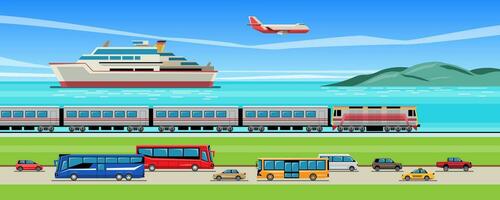 viaje transporte vehículo en país. coche camioneta autobús tren Embarcacion y avión. vector