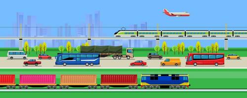 transporte vehículo en el ciudad. coche autobús camioneta camión tren y avión. vector