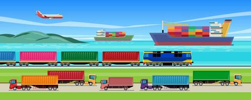 Transport System In Country, Truck Train Ship and Airplane vector