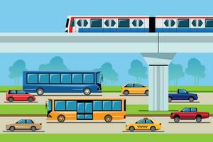 Transport In The City, Car Truck Taxi Bus and Skytrain. vector