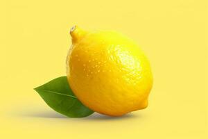 ai generative Lemon with leaf on yellow background. Minimal food concept. photo