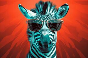 ai generative Fashionable portrait of a zebra in sunglasses on a red background. photo