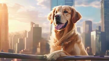 ai generative Golden Retriever dog sitting on the balcony with cityscape background photo