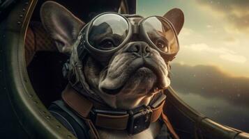 ai generative french bulldog dog in aviator helmet and goggles on sky background photo