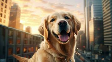 ai generative Golden retriever dog on balcony with cityscape background at sunset. photo