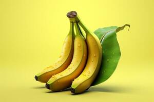 ai generativo Fresco bananas con agua gotas en amarillo antecedentes. 3d ilustración. foto