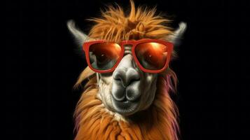 ai generative Llama with red sunglasses and orange hair on a black background photo