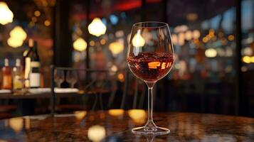 ai generative wine glass on wooden table on the pub restaurant background copy space photo