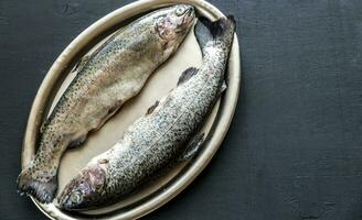 Fresh trouts in ice on the vintage metal tray photo