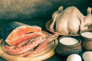 proteína dieta crudo productos en el de madera antecedentes foto