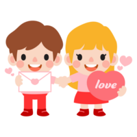 Lycklig valentines dag tonåring par ClipArt. romantisk flicka och pojke ger hjärta ballong gåva png