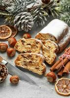 Christmas stollen with winter holidays decoration photo