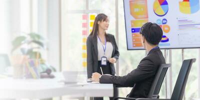 Teamwork meetings, Business people meeting in the office workplace, office workers working in team conference with copy space in banner style photo