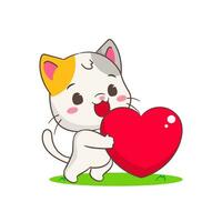 Cute Cat cartoon character holding love heart. Chibi Adorable animal concept design. Isolated white background. Vector art illustration.