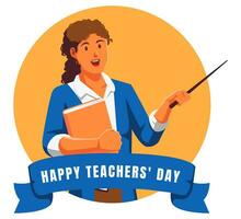 Happy teachers day with female teacher holding book and pointer vector