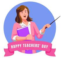 Happy teachers day with female teacher holding book and pointer vector