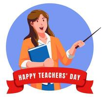 Happy teachers day with female teacher holding book and pointer vector