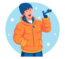 Cartoon illustration of a man in winter clothes holding snowflakes vector