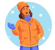 ilustración de un mujer en un calentar chaqueta participación un copo de nieve vector