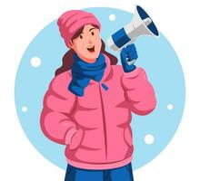ilustración de un niña en invierno ropa participación un megáfono vector