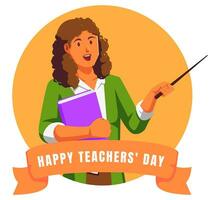 Happy teachers day with female teacher holding book and pointer vector