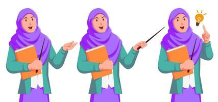 Muslim female teacher holding book and pointer vector