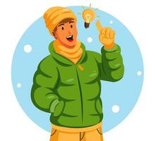 Man Wearing a Warm Winter Jacket and Holding a Light Bulb vector