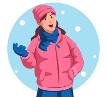 ilustración de un mujer en un calentar chaqueta participación un copo de nieve vector