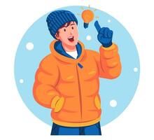 Man Wearing a Warm Winter Jacket and Holding a Light Bulb vector