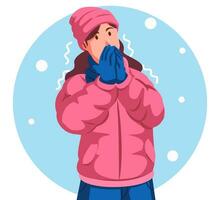 Illustration of a Woman Wearing a Winter Jacket and Sneezing vector