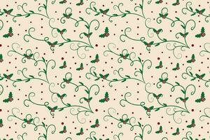 Christmas Filigree swirl berry leaf Seamless Pattern, holly leaves modern Christmas pattern, winter vibes holiday green ornate Christmas vector pattern, wrapping paper holiday printing fabric