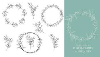 Eucalyptus Line Art. Floral Frames and Bouquets Line Art. Fine Line Eucalyptus Frames Hand Drawn Illustration. Hand Draw Outline Leaves and Flowers. Botanical Coloring Page. Eucalyptus Isolated vector