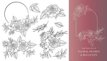 Rose Flower Line Art. Floral Frames and Bouquets Line Art. Fine Line Roses Frames Hand Drawn Illustration. Hand Draw Outline Leaves and Flowers. Botanical Coloring Page. Roses peony Isolated vector